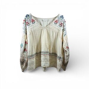 Anthropologie Kayla Embroidered Blouse in Beige Size MP